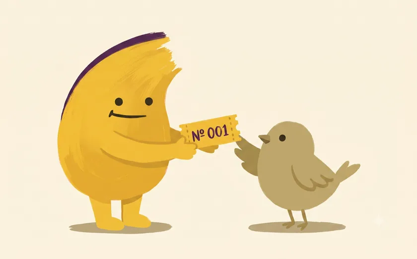 The studio mascot hands ticket № 001 to the early bird